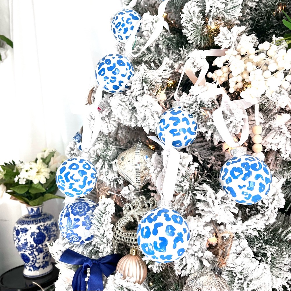 5 Blue White Cheetah Ornaments